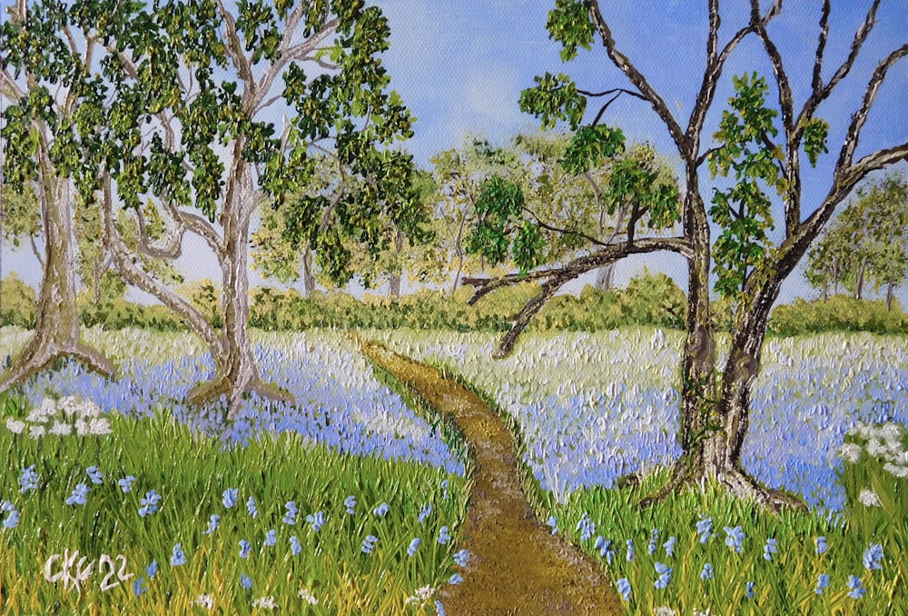 Un fiume con alberi e fiori