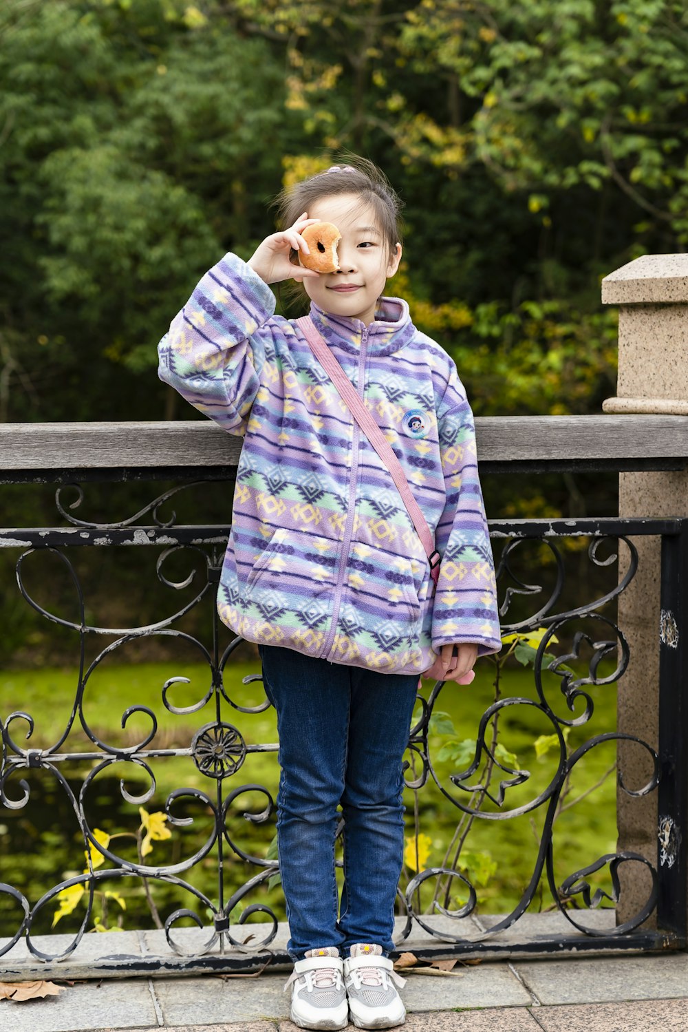 a girl standing on a bench