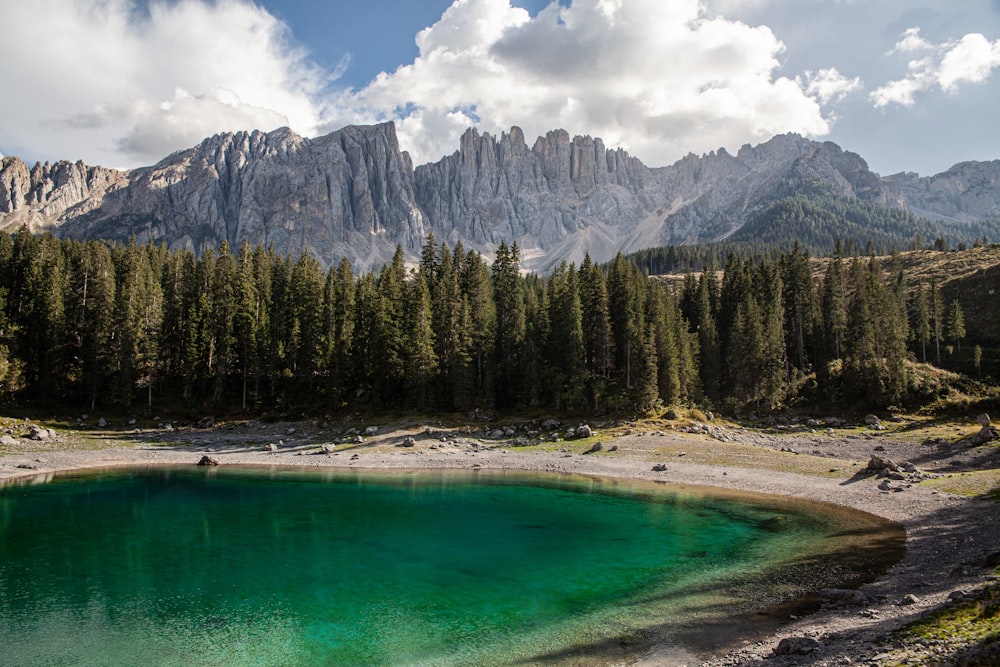 a lake with trees and mountains in the background