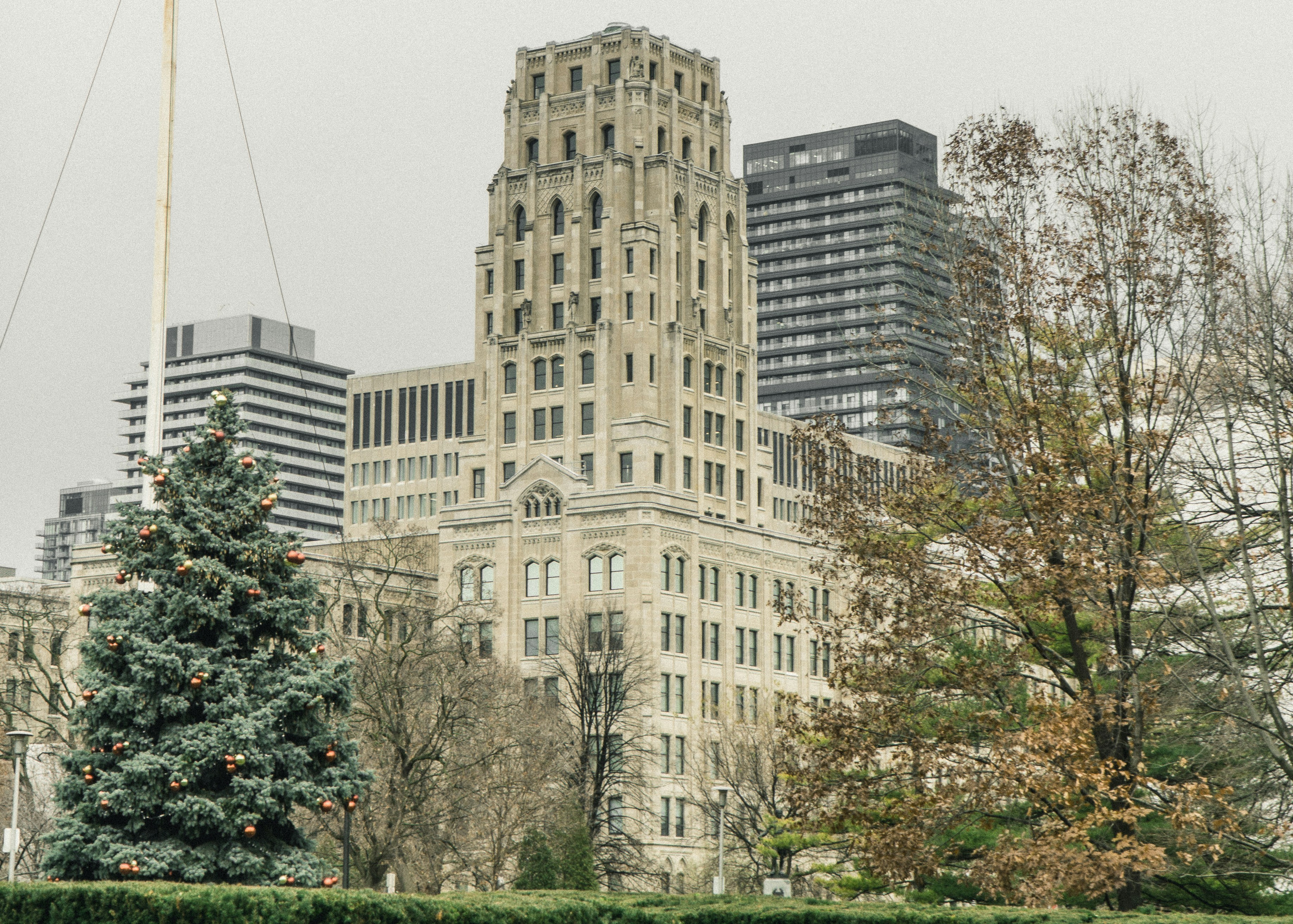 a group of buildings with trees in front of them, Whitney Block building shot from the Ontario Provincial Parliament