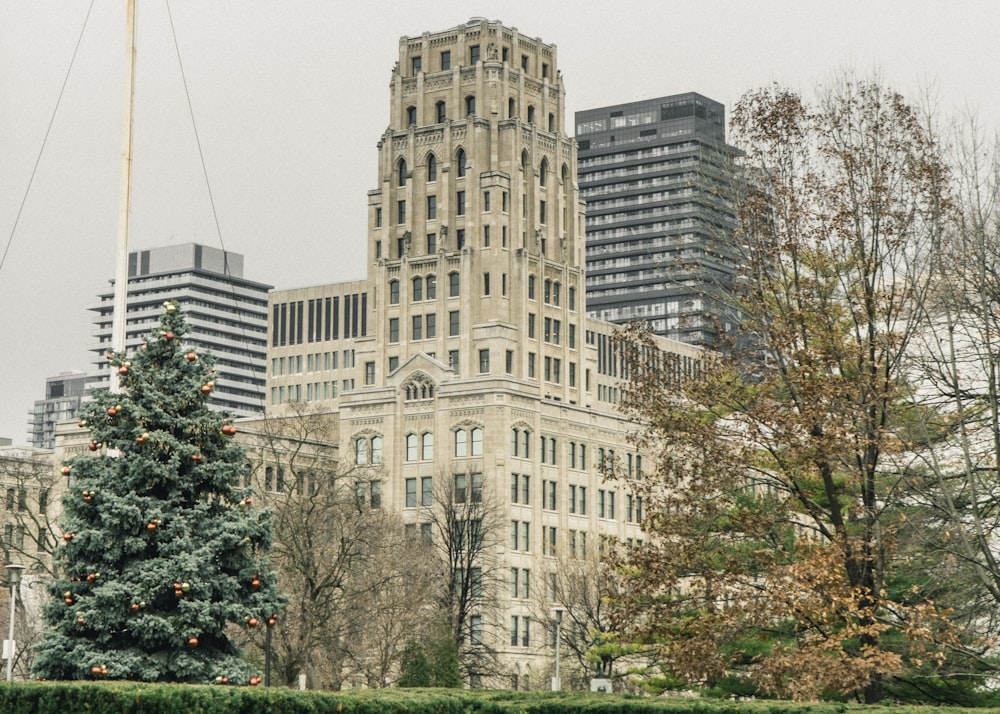 a group of buildings with trees in front of them