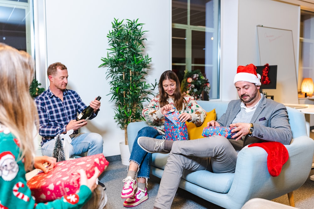 a group of people sitting on a couch