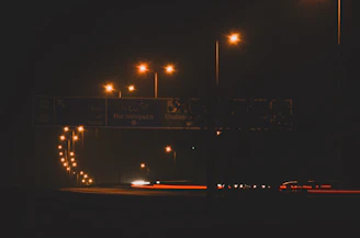 Nighttime image of reflective road signs installed along a highway in Riyadh, shining under car headlights.