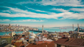 a city with a body of water in the background