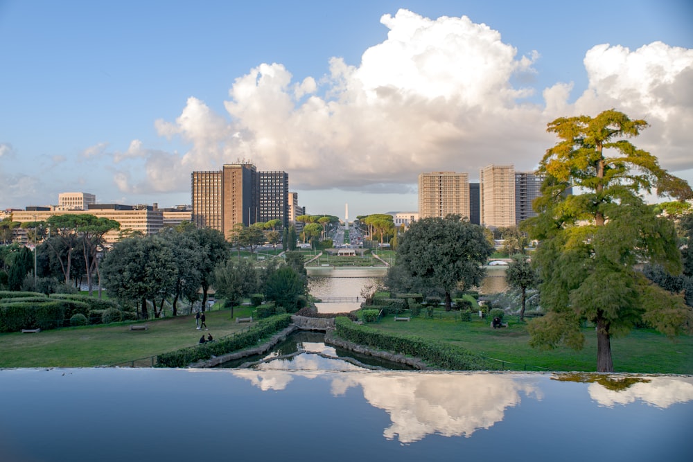 a body of water with trees and buildings in the background