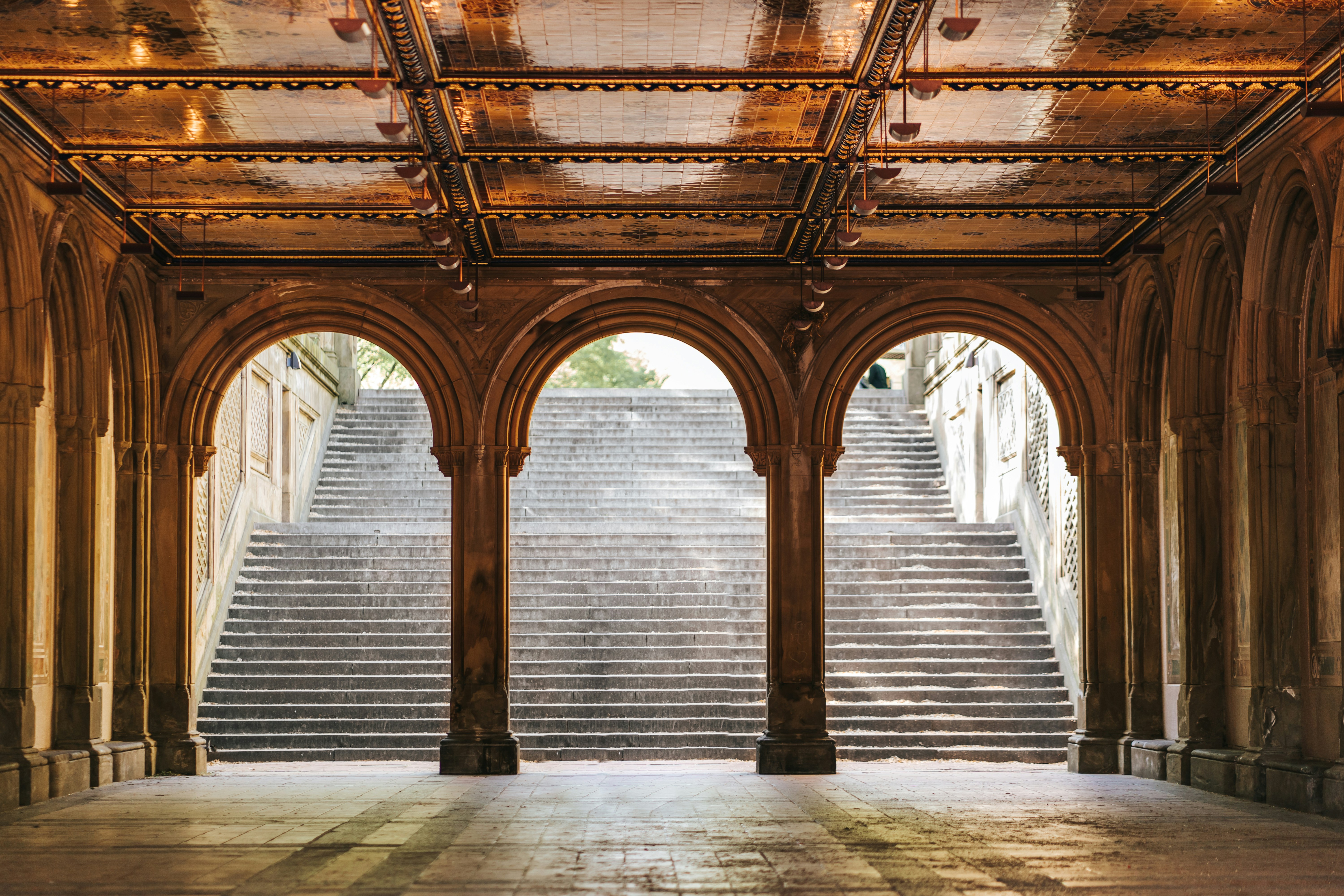 a large room with arched windows
