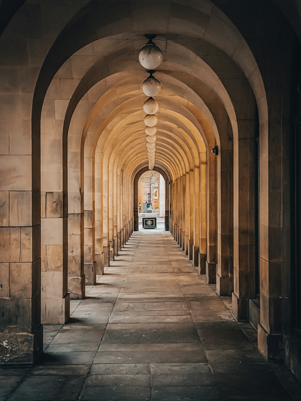 a long hallway with a light