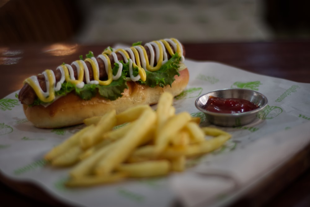 a hot dog and fries on a plate