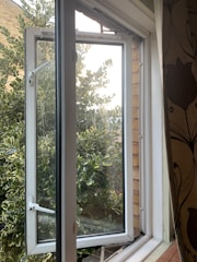 Window view from the double room showing a quiet street and greenery.