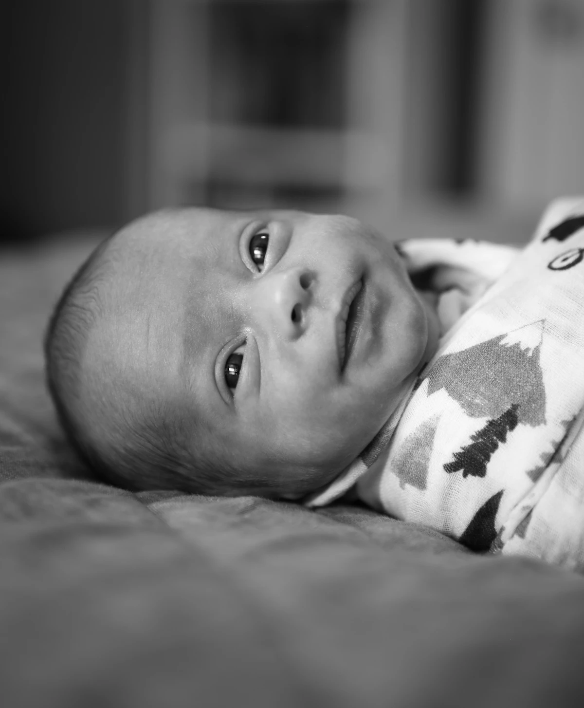 A newborn looking up, eyes wide open