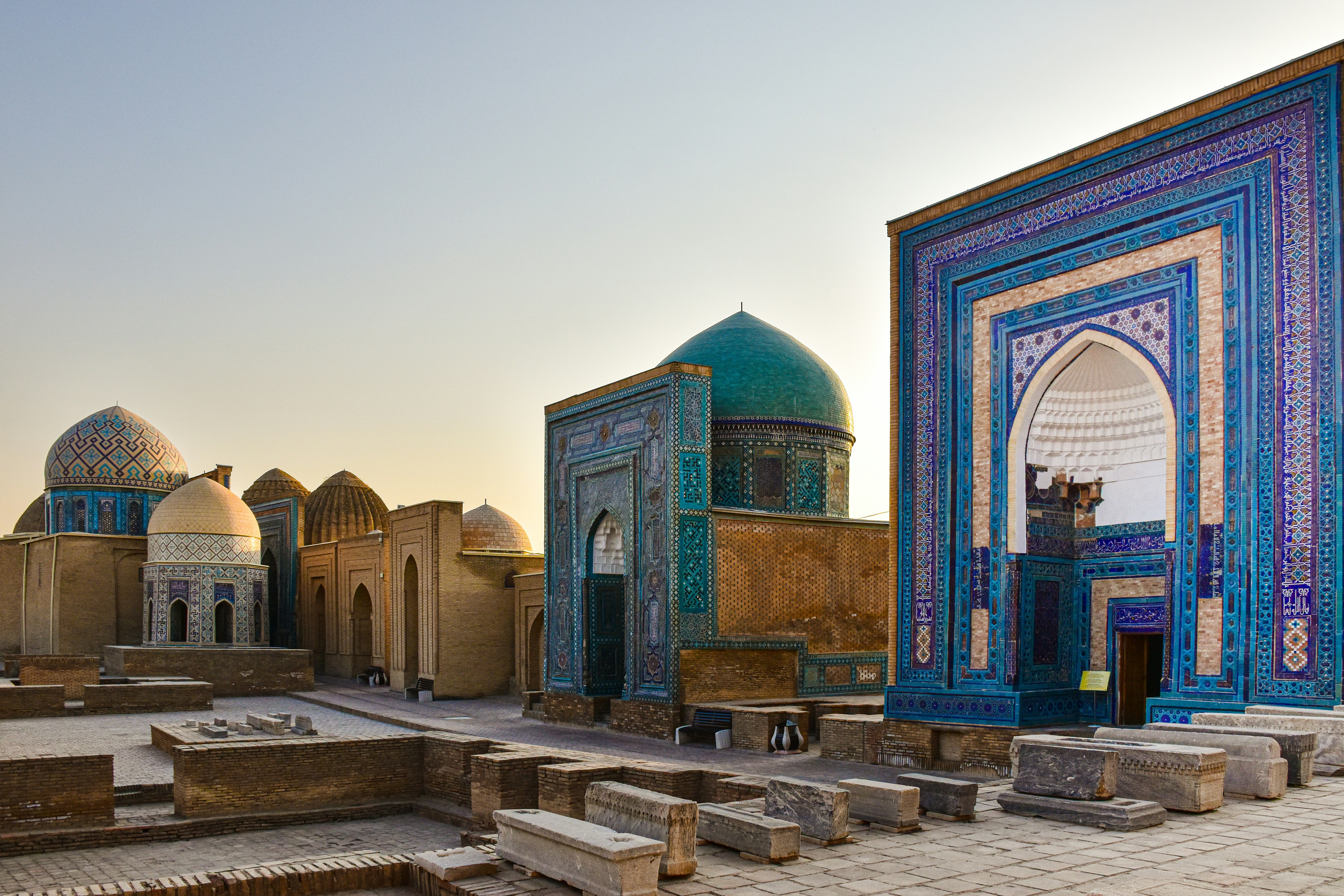 a group of buildings with a few domed roofs, Samarkand, Uzbekistan.
