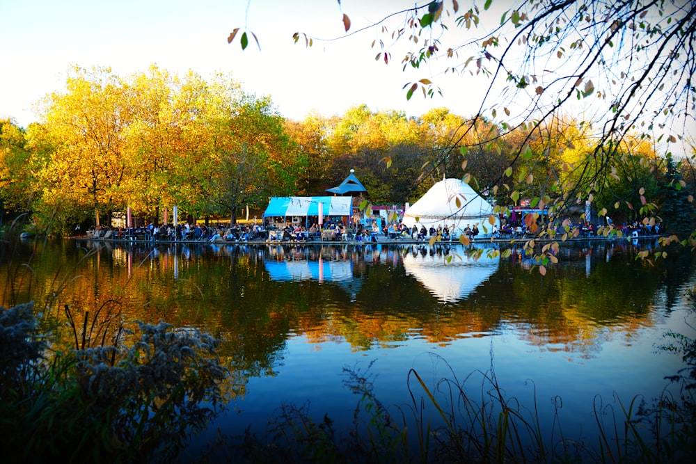 a body of water with trees around it