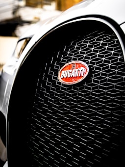 A close-up view of a car grille featuring a prominent Bugatti emblem. The grille is composed of a hexagonal mesh pattern, and the Bugatti logo is oval-shaped with a red background and silver lettering.