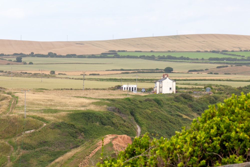 a farm with a white house