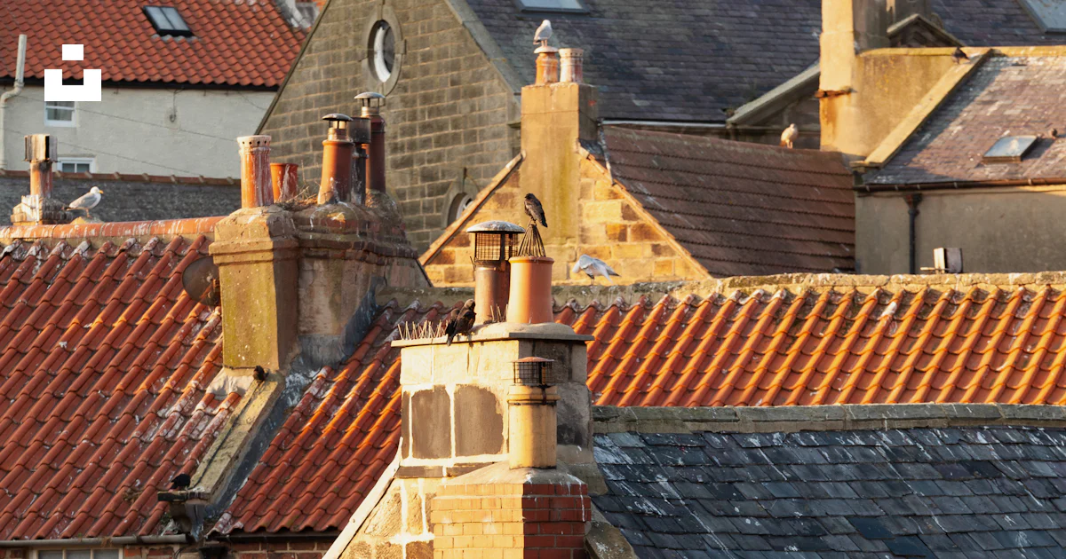 A group of rooftops with a brick building in the background photo ...