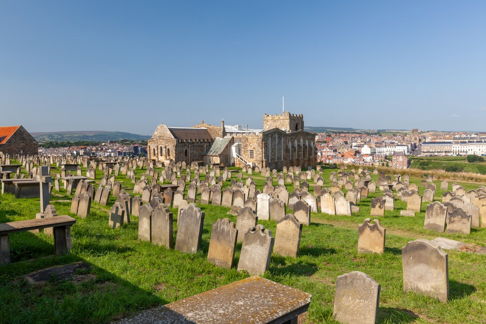 a cemetery with many tombstones