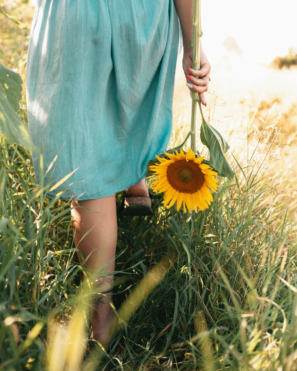 a woman holding a sunflower