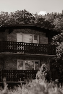 a house with a deck and trees in the back
