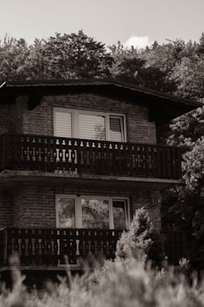 a house with a deck and trees in the back