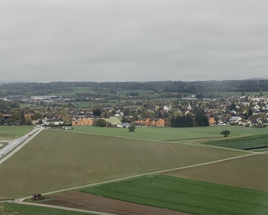 a large green field with buildings in the background