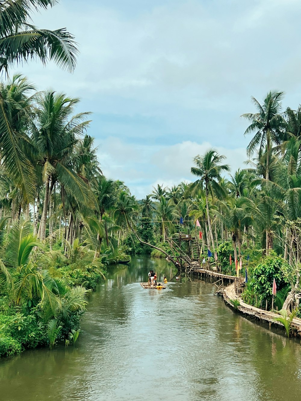 a couple people in a boat on a river surrounded by palm trees