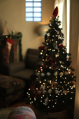A cozy family living room decorated with sparkling holiday lights and an elf on the shelf peeking from a bookshelf.