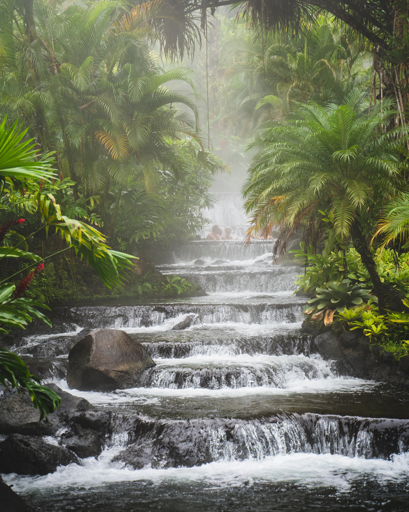 A dramatic tropical waterfall cascading over mossy rocks into a pool surrounded by lush green jungle vegetation in Costa Rica with mist rising from the water and dappled light filtering through the forest canopy