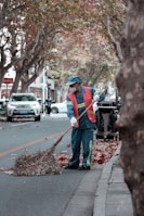 Worker using a gasoline-powered leaf blower to clear autumn leaves from a driveway.