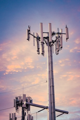 a group of antenna towers