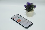 A smartphone displaying an app screen lays on a white surface next to a small potted plant with vibrant purple flowers.