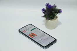 A smartphone displaying an app screen lays on a white surface next to a small potted plant with vibrant purple flowers.