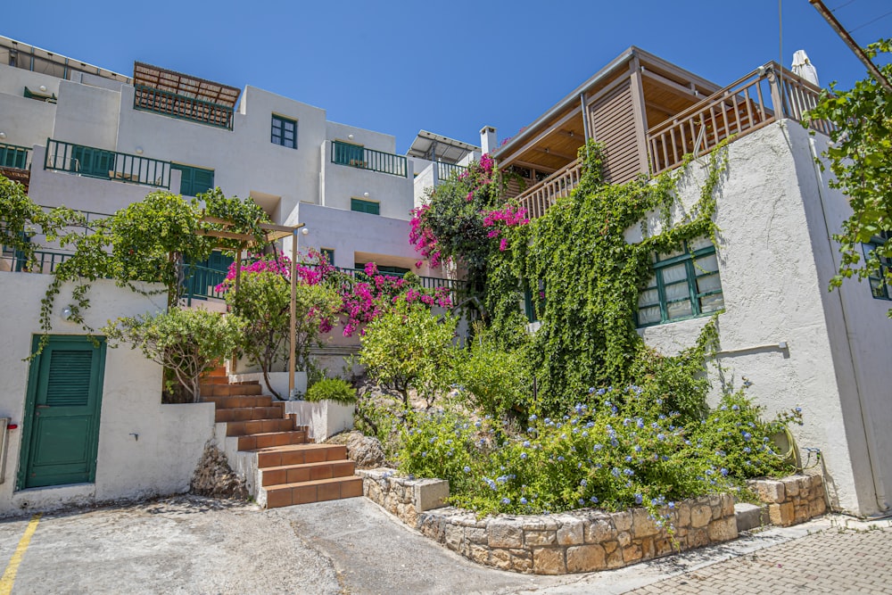 a building with a staircase and plants