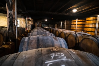 a large room with barrels