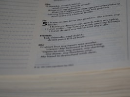 A close-up view of a page from a book containing poetic text with sections labeled 'She,' 'He,' and 'Friends.' The text is printed in clear black font on a white page.