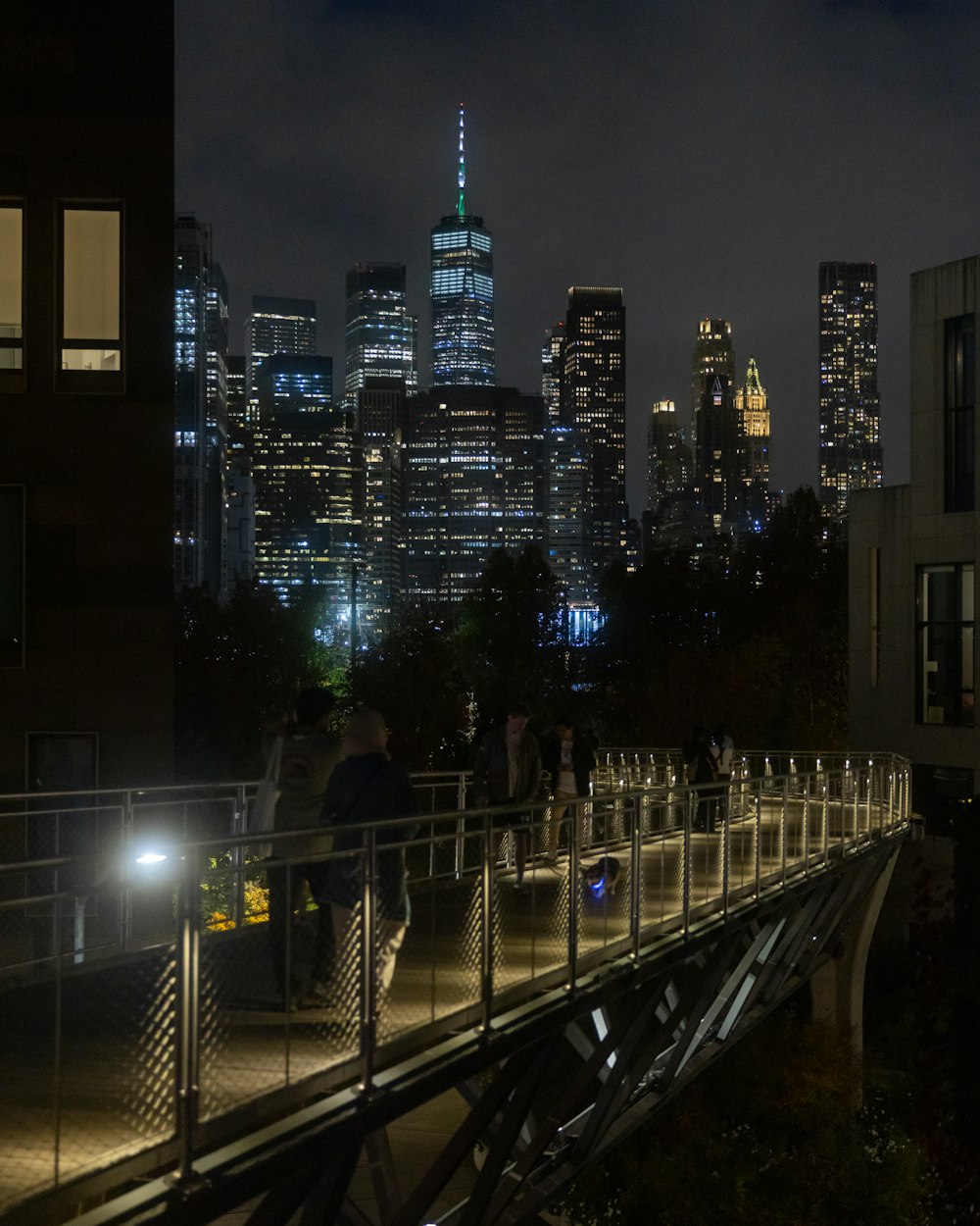 a person standing on a bridge over a city at night