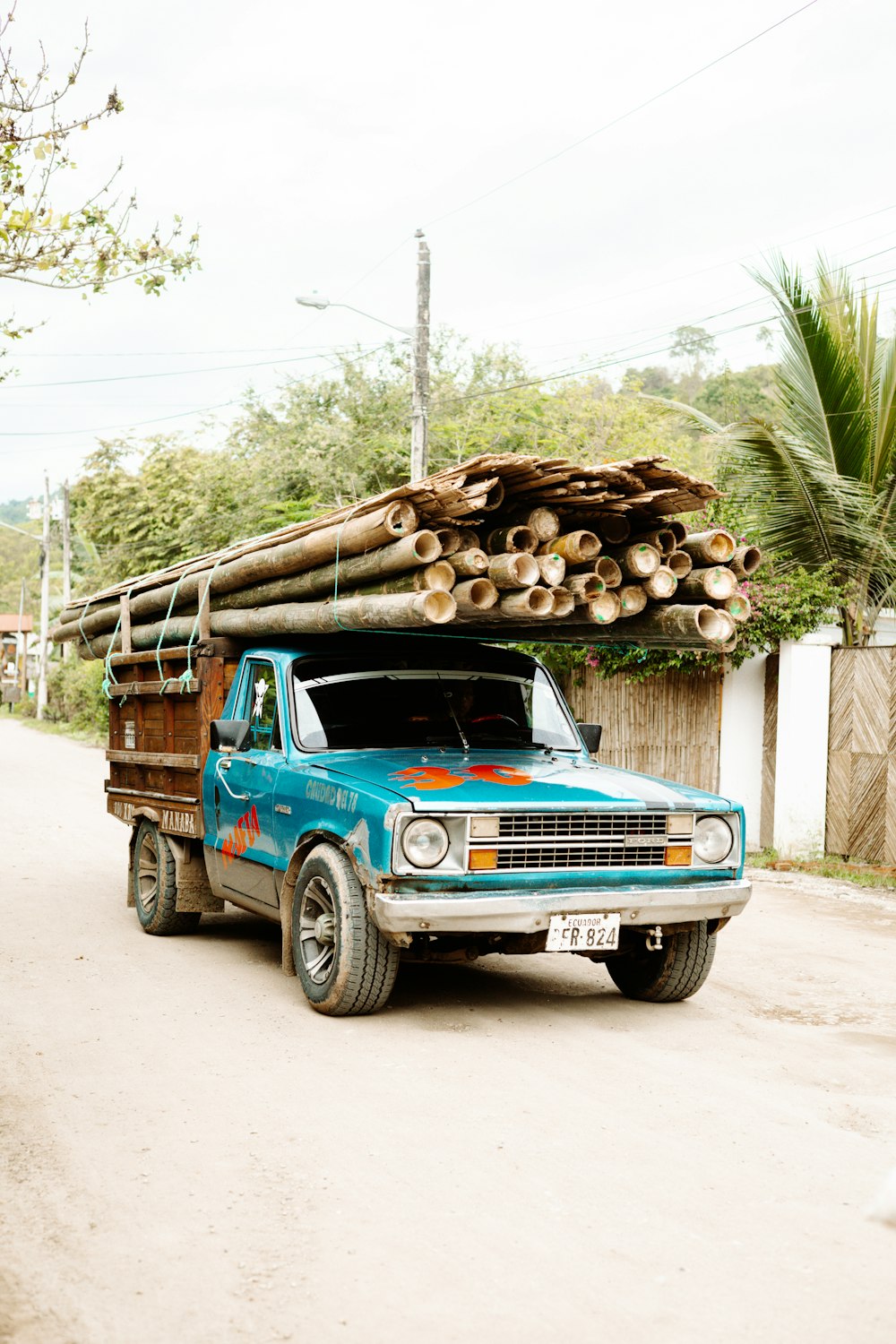 a truck with a pile of logs on the back