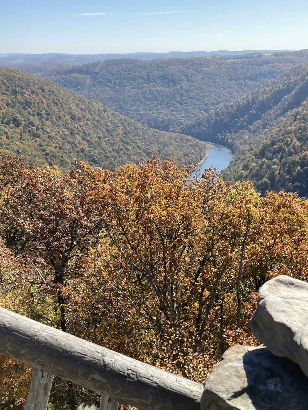 a view of a river and trees from a balcony