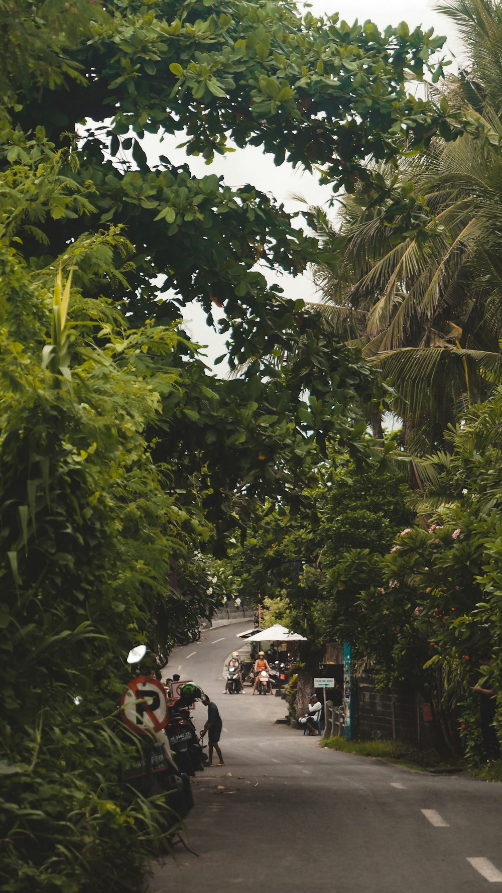 a group of people ride bikes down a street