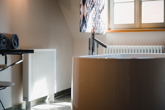 a room with a white heater and beautifull bathtub