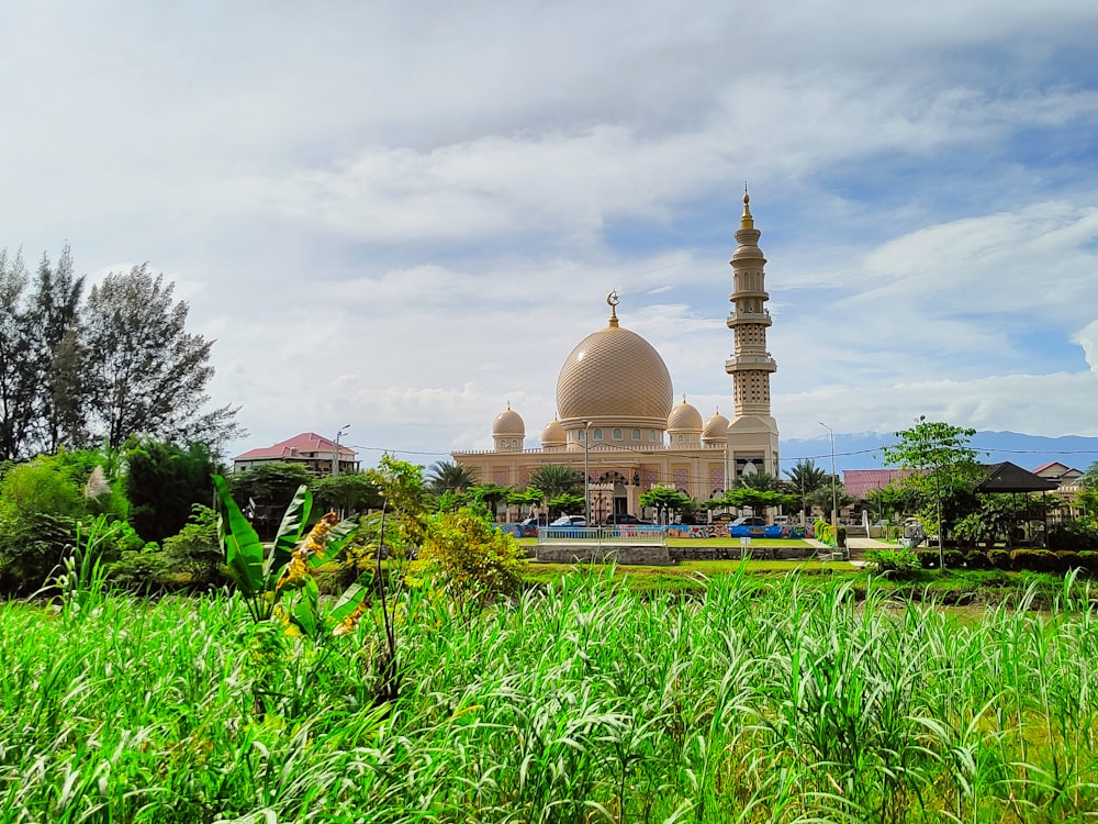 a large building with a gold domed roof surrounded by plants