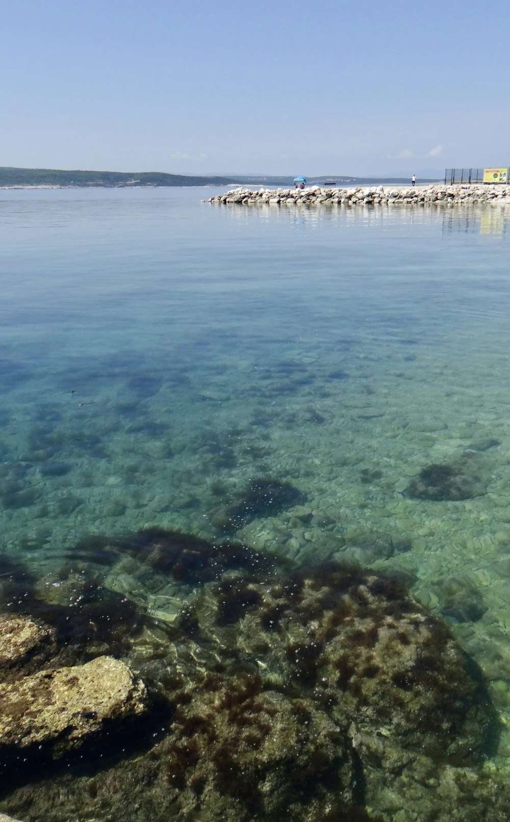 a body of water with rocks and land in the background