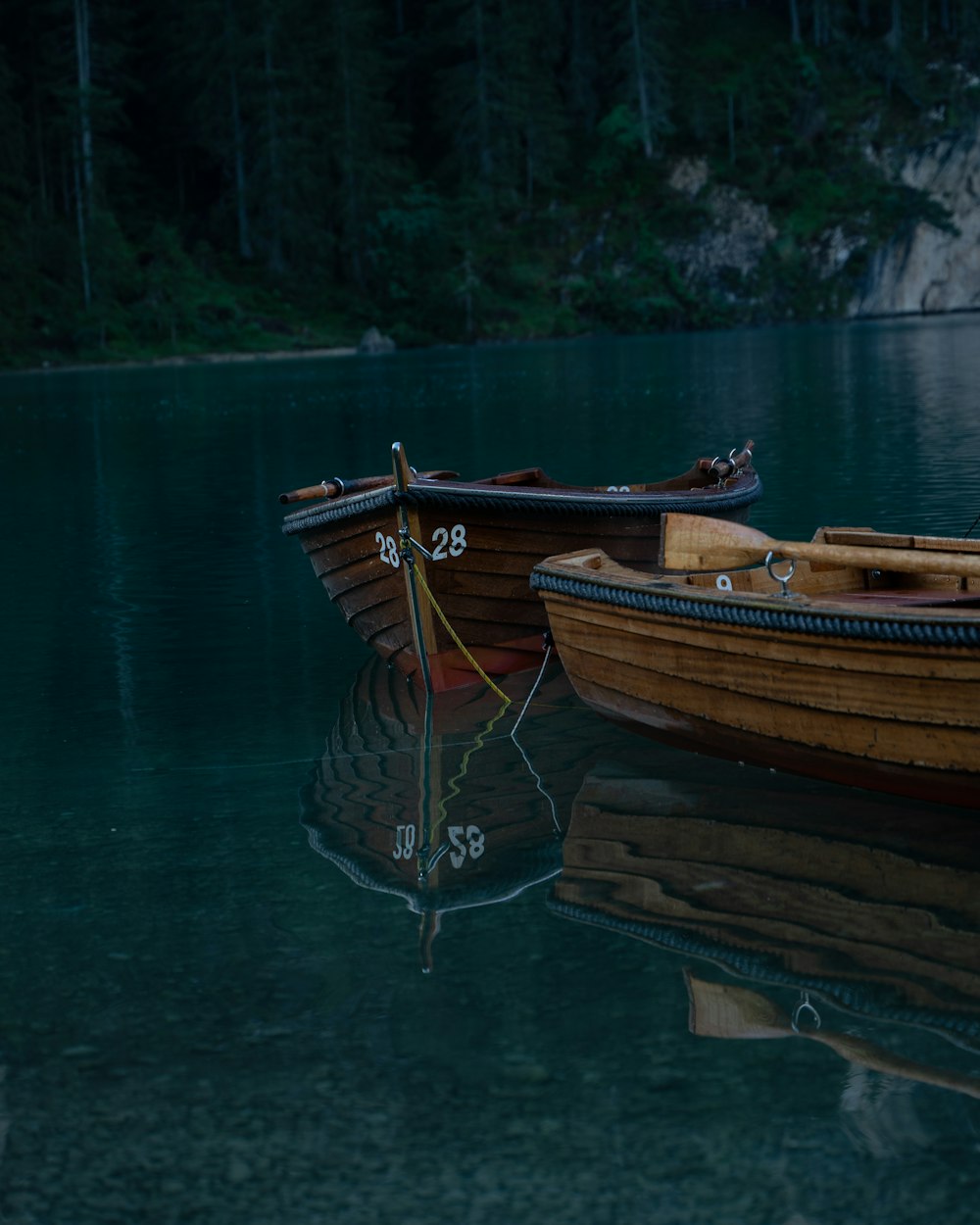 several boats are tied up in the water