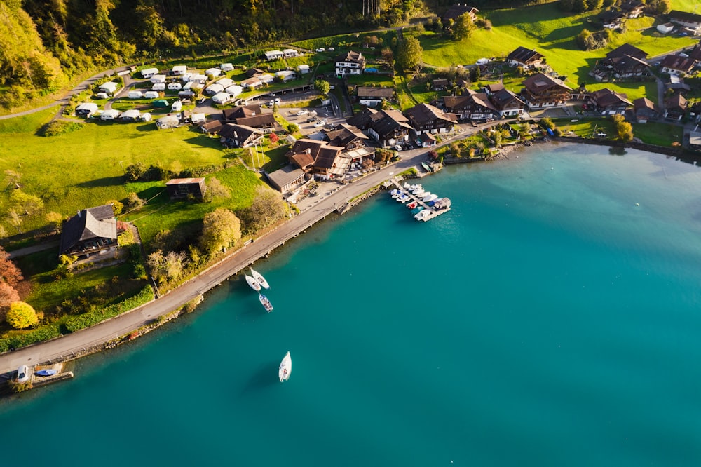 a body of water with boats and houses along it