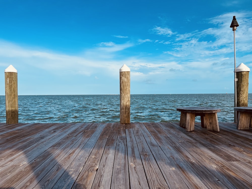 a wood dock leading out to the ocean