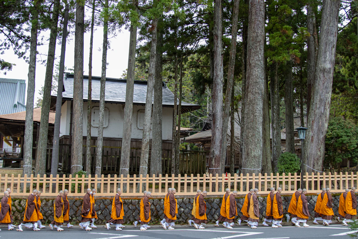 Monks walking in single file between temples at Koyasan