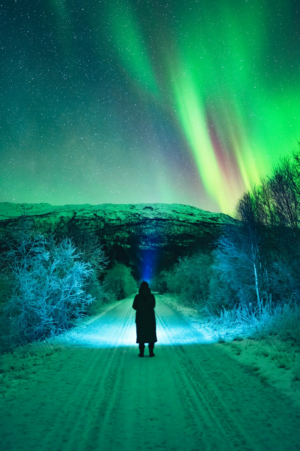 a person standing on a road with a bright light in the sky