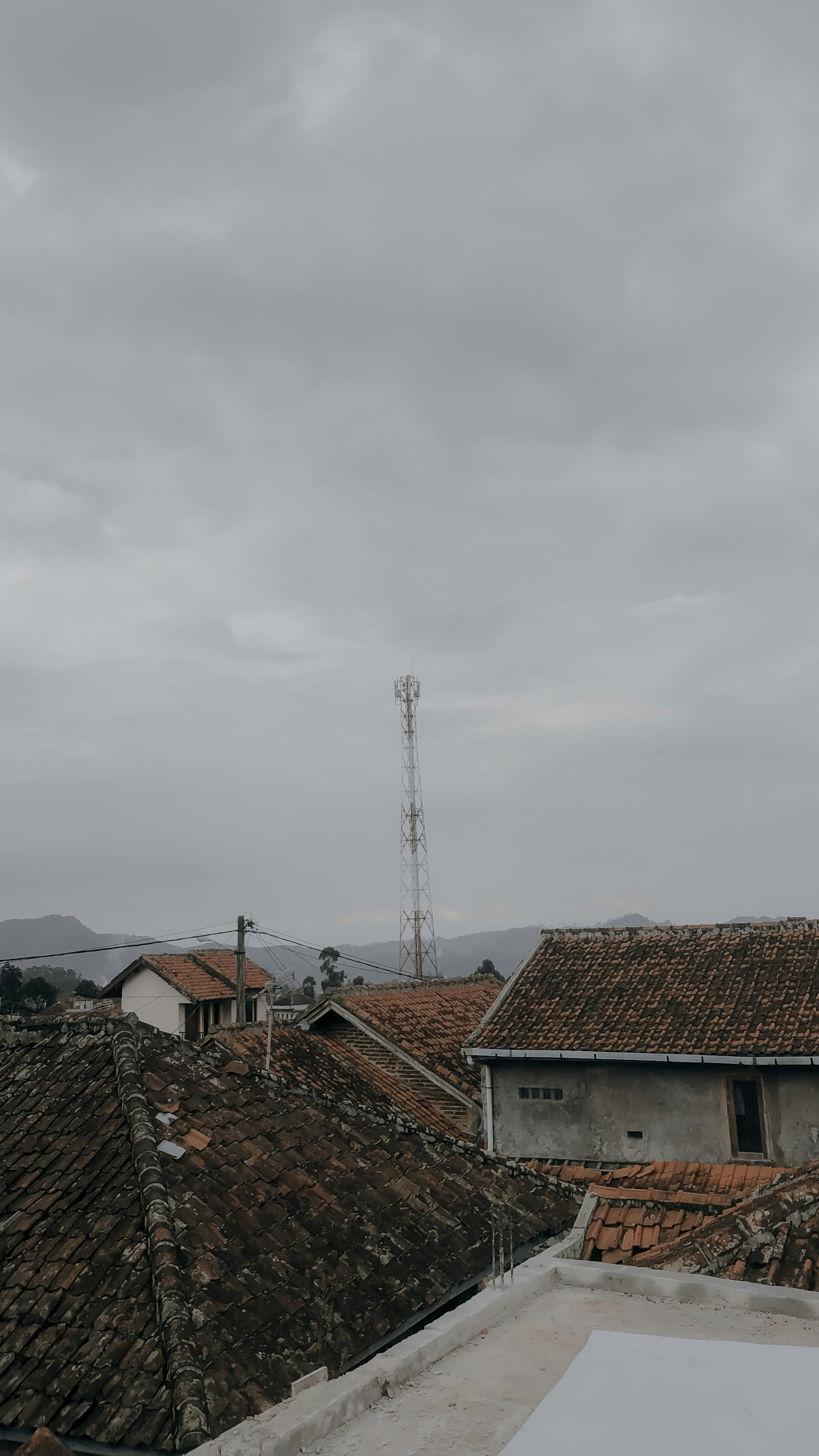a group of houses with a tower in the background