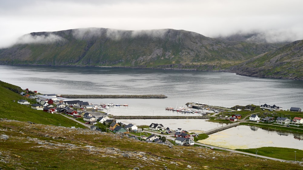 a town next to a lake