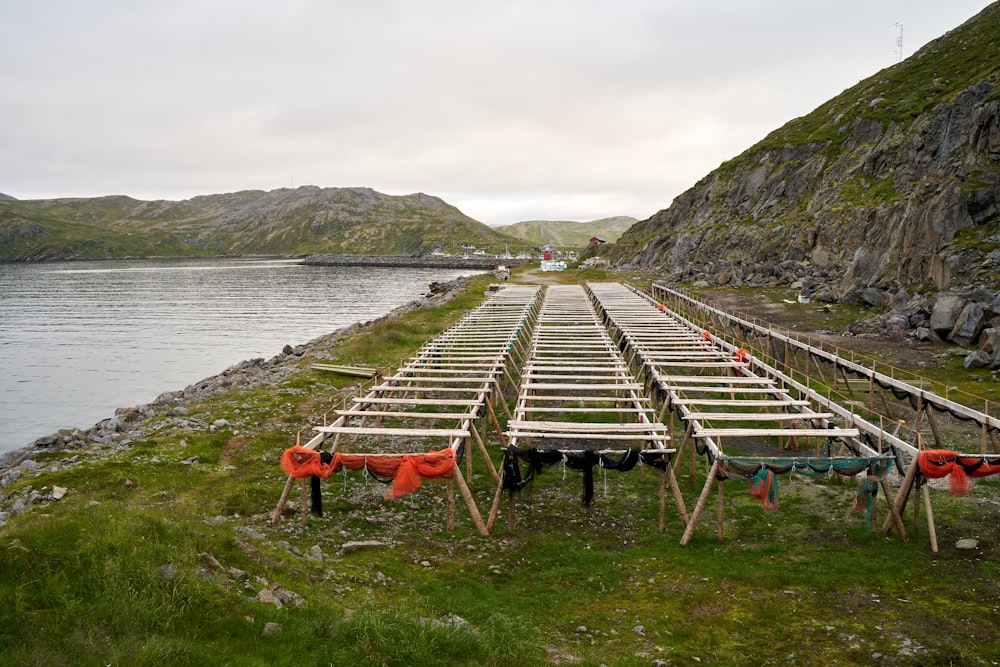 a wooden bridge over a body of water