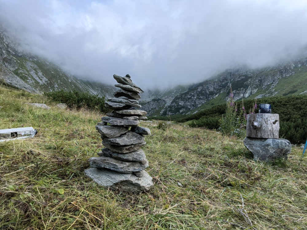 a stack of rocks in a grassy area with mountains in the background